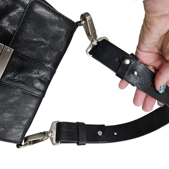 Hobo Y2k RARE 2000s 90s Vintage Black Leather Handbag Shoulder Bag Clasp Boho - Picture 10 of 13